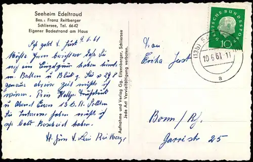 Ansichtskarte Schliersee Seeheim Edeltraud 1961