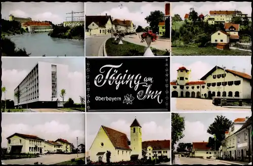 Ansichtskarte Töging am Inn MB: Kraftwerk, Straßen, Kirche u. Hochhaus 1971