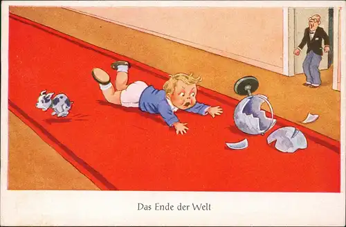 Humor "Das Ende der Welt" Kind stürzt über Hund (Globus kaputt) 1940