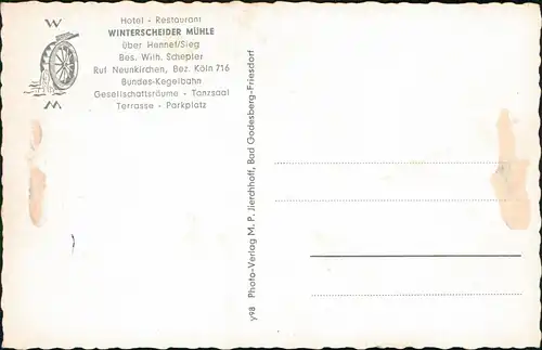 Hennef (Sieg) Hotel Restaurant WINTERSCHEIDER MÜHLE Bes. Wilh. Schepler 1960