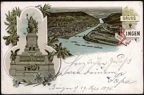 Ansichtskarte Litho AK Bingen am Rhein Niederwald-Denkmal, Stadt 1896