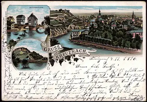 Bad Kreuznach 3 Bild Litho Gruss aus Brückenhäuser, Ebernburg 1896
