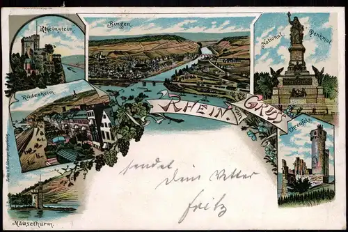 Ansichtskarte Bingen am Rhein Litho AK Mäuseturm, Ehrenfels, Rüdesheim 1896