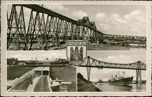 Rendsburg Mehrbild-AK mit Hochbrücke, Straßen-Tunnen, Hochbrücke Schiff 1966
