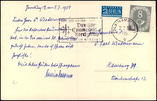 Ansichtskarte Hamburg Lombardsbrücke 1953    8 Pfennig Posthorn Briefmarke