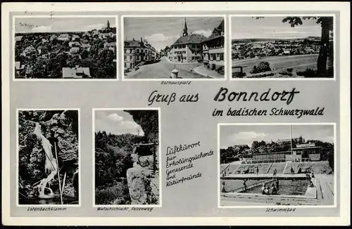 Ansichtskarte Bonndorf (Schwarzwald) MB: Stadt, Rathausplatz, Schwimmbad 1956