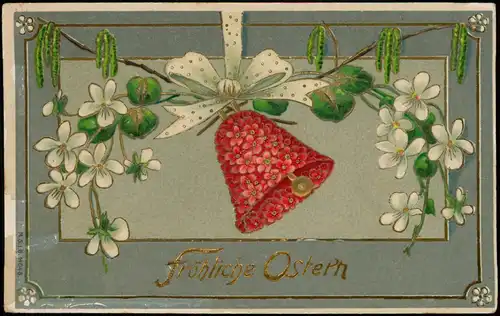 Glückwunsch Ostern / Easter Birkenzweige - Blumenglocke 1909 Goldrand/Prägekarte