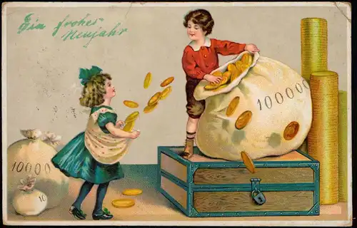 Ansichtskarte  Neujahr Sylvester New Year Kinder füllen Goldsäcke 1913