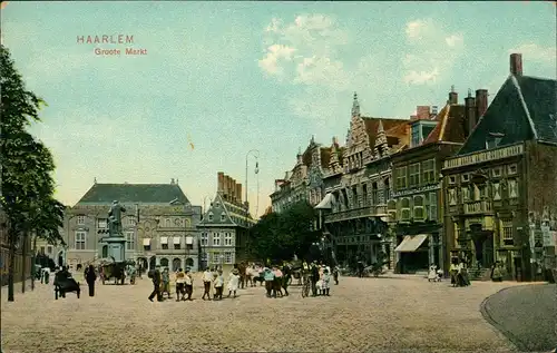 Postkaart Haarlem Groote Markt, belebt 1906