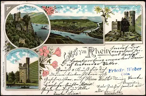 Bingen am Rhein Litho AK Mäusethurm Rheinstein. Stadt - Gruss aus 1898