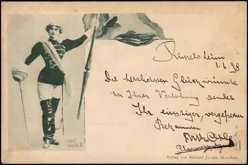 Ansichtskarte  Frau mit Flagge und Standarte - Künstlerkarte 1898
