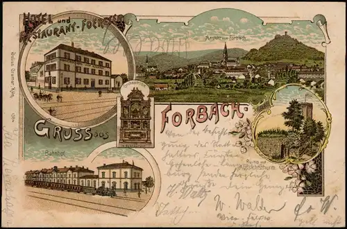 Forbach Gruss aus... Restaurant Foerster, Bahnhof - Litho Ak 1898