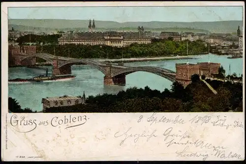 Ansichtskarte Koblenz Stadt, Brücke 1898  gel. Bahnpoststempel