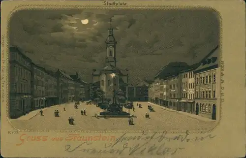 Ansichtskarte Traunstein Stadtplatz bei Mondschein - Litho AK 1899