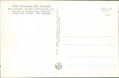 Ansichtskarte Garmisch-Partenkirchen Hotel Garmischer Hof 1930