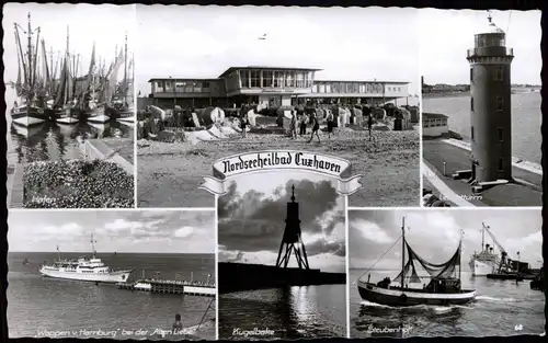 Ansichtskarte Cuxhaven MB: Hafen, Leuchtturm, Restaurant, Fähre 1961