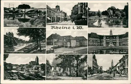 Ansichtskarte Rheine Westfalen Emsbrücke, Bahnhof, Bahnhofstraße u.a. 1956