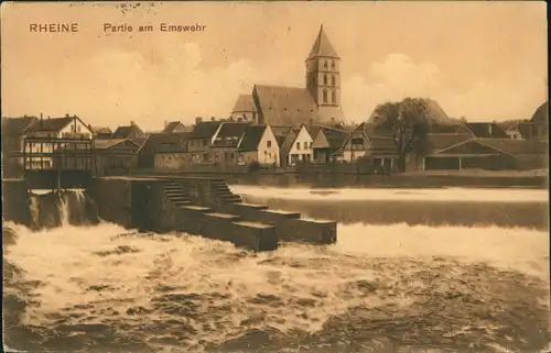 Ansichtskarte Rheine Westfalen Partie am Emswehr 1915  gel. Feldpoststempel P.K.