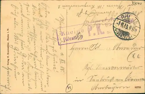 Ansichtskarte Rheine Westfalen Partie am Emswehr 1915  gel. Feldpoststempel P.K.