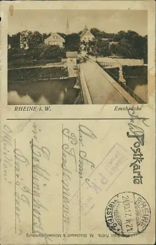 Ansichtskarte Rheine Westfalen Emsbrücke 1916  gel. Feldpost Geprüft