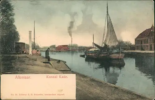 Postkaart Alkmaar Kanaal Kade, Segelboot, Fabrik 1907
