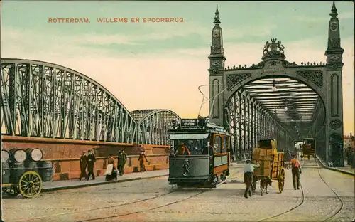 Postkaart Rotterdam Rotterdam Willems en Spoorbrug, Tram Straßenbahn 1909