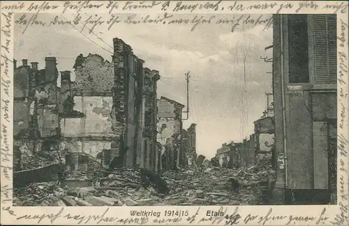 CPA Etain zerstörte Straße WK1 1915  gel. Feldpoststempel