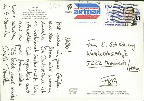 Postcard Texas  State Mehrbild Landkarten AK USA 1985  gel. Airmail