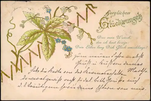 Glückwunsch Geburtstag Birthday Blumen Goldornament 1898 Goldrand/Prägekarte