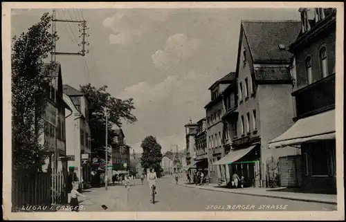 Ansichtskarte Lugau (Erzgebirge) Stollberger Strasse, Geschäfte 1934