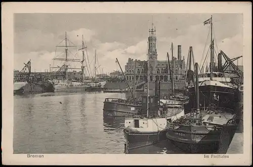 Ansichtskarte Bremen Im Freihafen, Segelboote und Verwaltungsgebäude 1912
