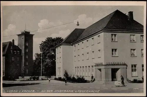 Ansichtskarte Lugau (Erzgebirge) Stadtbank Sparkasse und Feurwache 1934