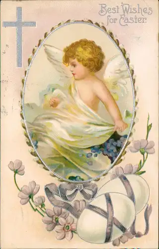 Glückwunsch Ostern Easter Engel Angel Osterei 1912 Silberrand USA Mount Oliver