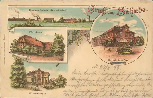 Litho AK Sehnde Ummeln-Sehnder Gewerkschaft, Bahnhofs-Hotel, Pfarrhaus 1898