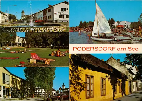 Podersdorf Mehrbild-AK u.a. Hauptstraße, Pfarrkirche, Liegewiese am Strand 1984