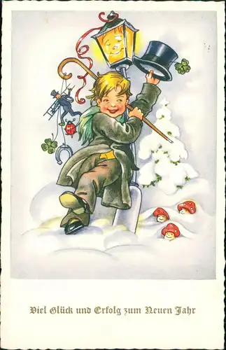 Neujahr Sylvester New Year, Junge Kind mit Glückssymbolen 1950