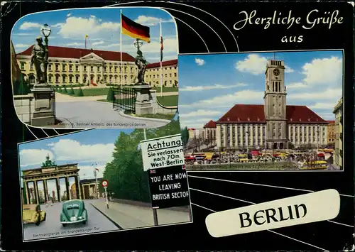 Berlin mit Schloss Bellevue, VW Käfer  Sektorengrenze Brandenburger Tor 1958
