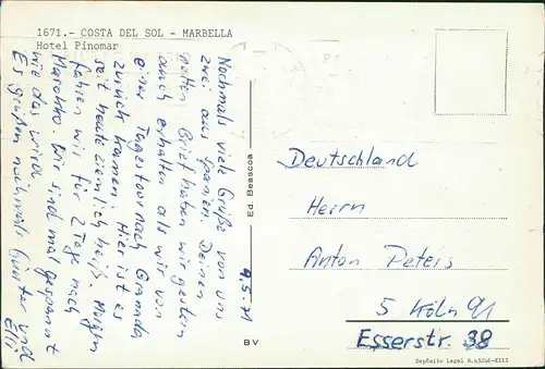 Postales Marbella Hotel Pinomar a.d. Costa Del Sol 1971
