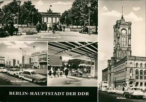 Berlin Mehrbild-AK DDR mit Lindencorso Brandenburger Tor Karl-Marx-Allee 1968