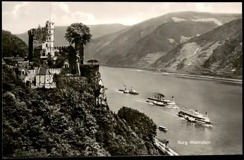 Ansichtskarte Bingen am Rhein Burg / Schloss Rheinstein mit Rheindampfer 1950