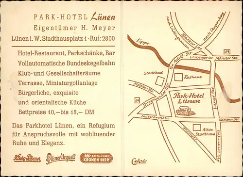 Lünen (Westfalen) PARK-HOTEL Stadthausplatz, Reklame-Karte mit Lageplan 1970