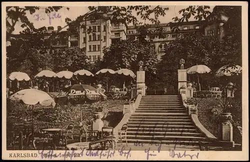 Postcard Karlsbad Karlovy Vary Hotel Imperial, Terasse - Deli Cacao 1927