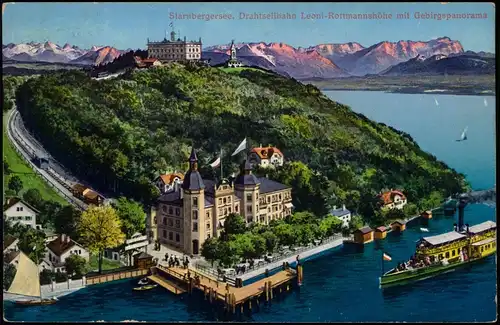 Starnberg Künstlerkarte Drahtseilbahn, Dampfer Leoni-Rottmannshöhe 1912