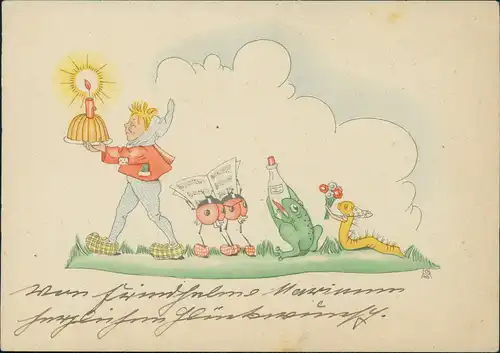 Künstlerkarte: Geburtstags-Kuchen, Wurm, Käfer Frosch mit Geschenken 1947