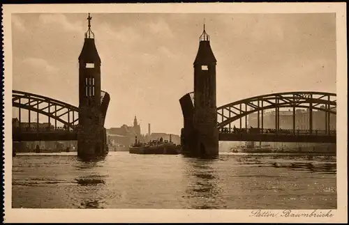 Postcard Stettin Szczecin Baumbrücke, geöffnet - Schlepper 1928