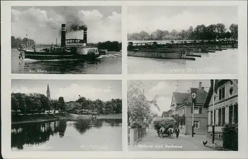 Greffern-Rheinmünster Mehrbild-AK Roßbach, Schule Rathaus u. Rhein-Brücke 1940