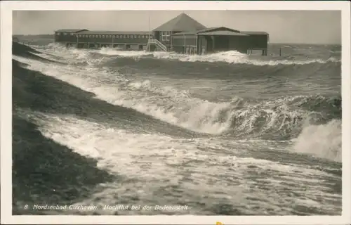 Ansichtskarte Cuxhaven Überschwemmung, Hochflut bei der Badeanstalt 1933