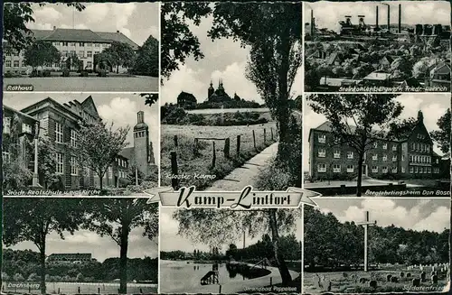 Ansichtskarte Kamp-Lintfort MB: Realschule, Bergwerk, Soldatenfriedhof 1957