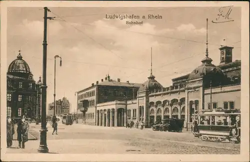 Ansichtskarte Ludwigshafen Bahnhof Straßenbahn 1919