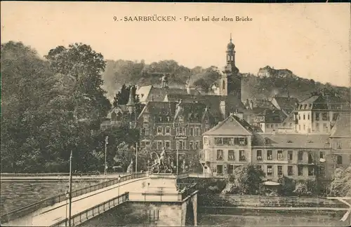 Ansichtskarte Saarbrücken Partie bei der alten Brücke 1922